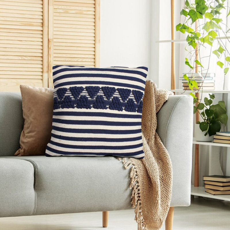 18 x 18 Handwoven Square Cotton Accent Throw Pillow Classic Striped Pattern Textured White Blue